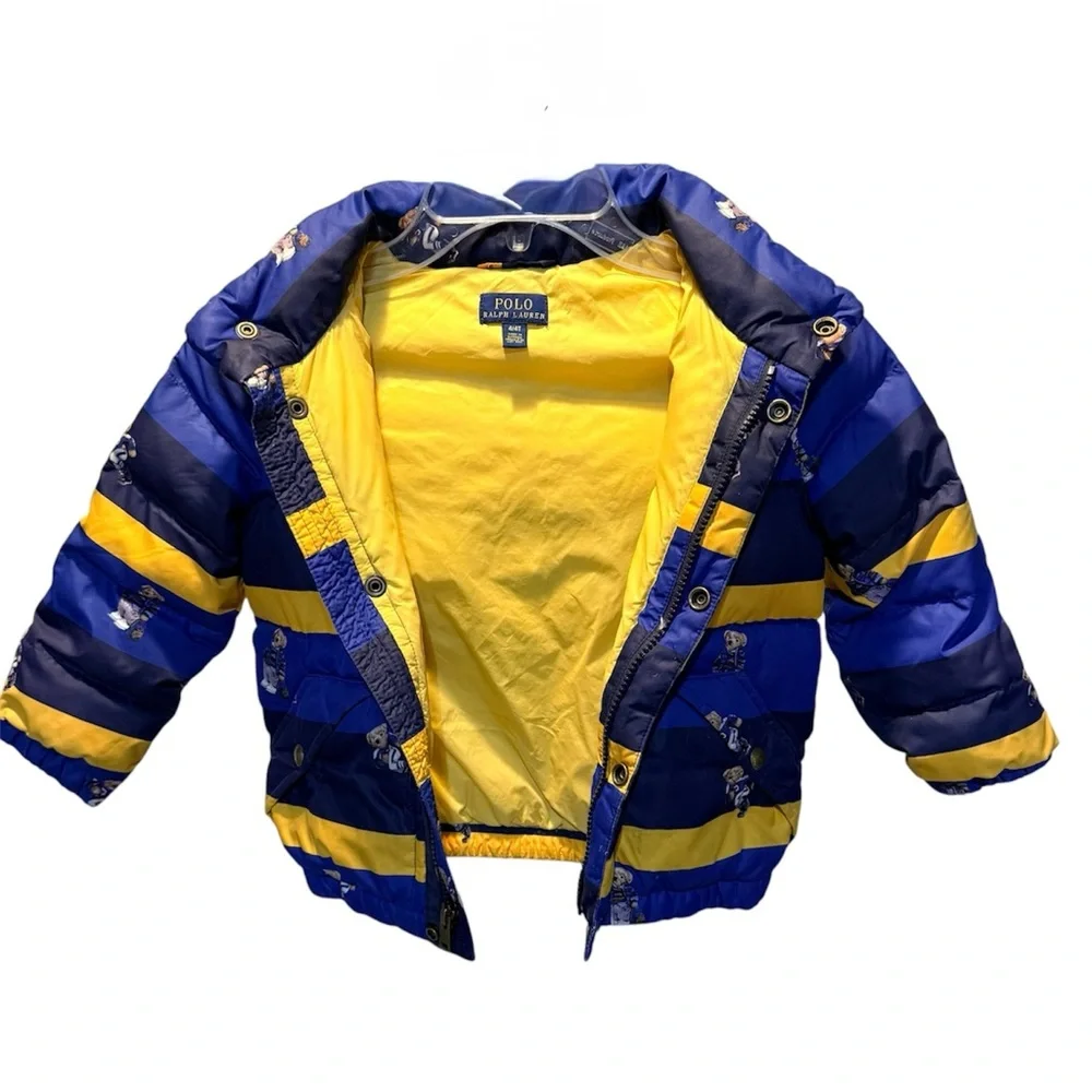 Polo Ralph Lauren Striped Allover Bear Print Puffer Jacket in Navy Yellow 4T